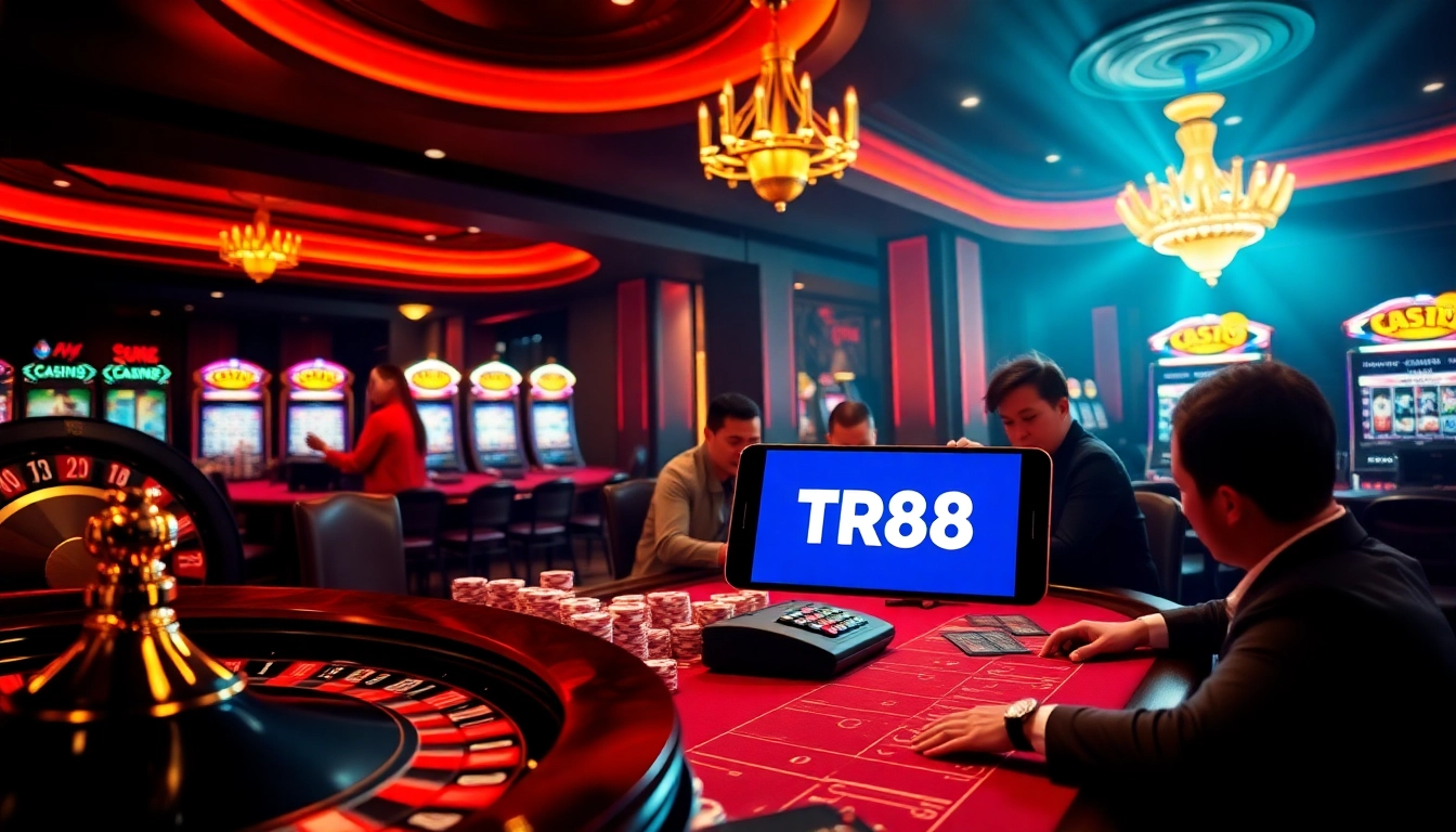 Experience the thrill of TR88 casino gaming with a vibrant roulette wheel, shining poker chips, and an engaging online interface.