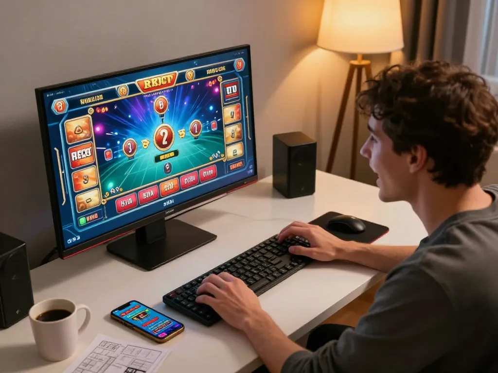 Engaging in ดูหนังออนไลน์ฟรี during online casino gameplay on a vibrant gaming setup at home