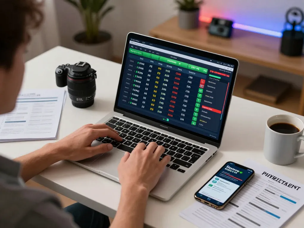 Engaging in keo nha cai sports betting, a person analyzes odds on a laptop in a cozy home office.