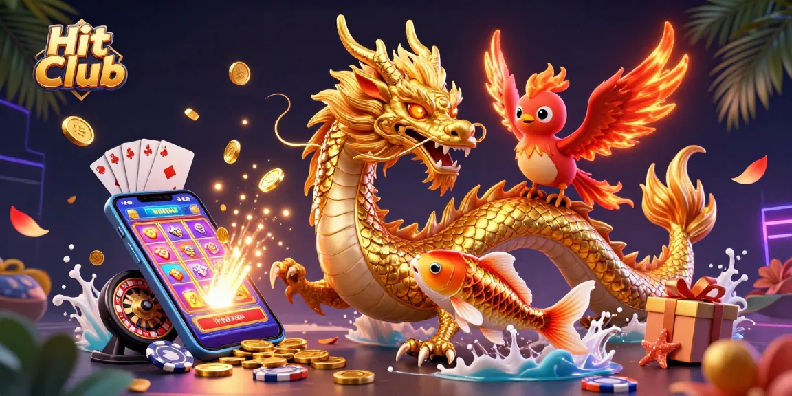 Play exciting games at Hit Club with vibrant dragons, coins, and slots showcased in this dynamic illustration.