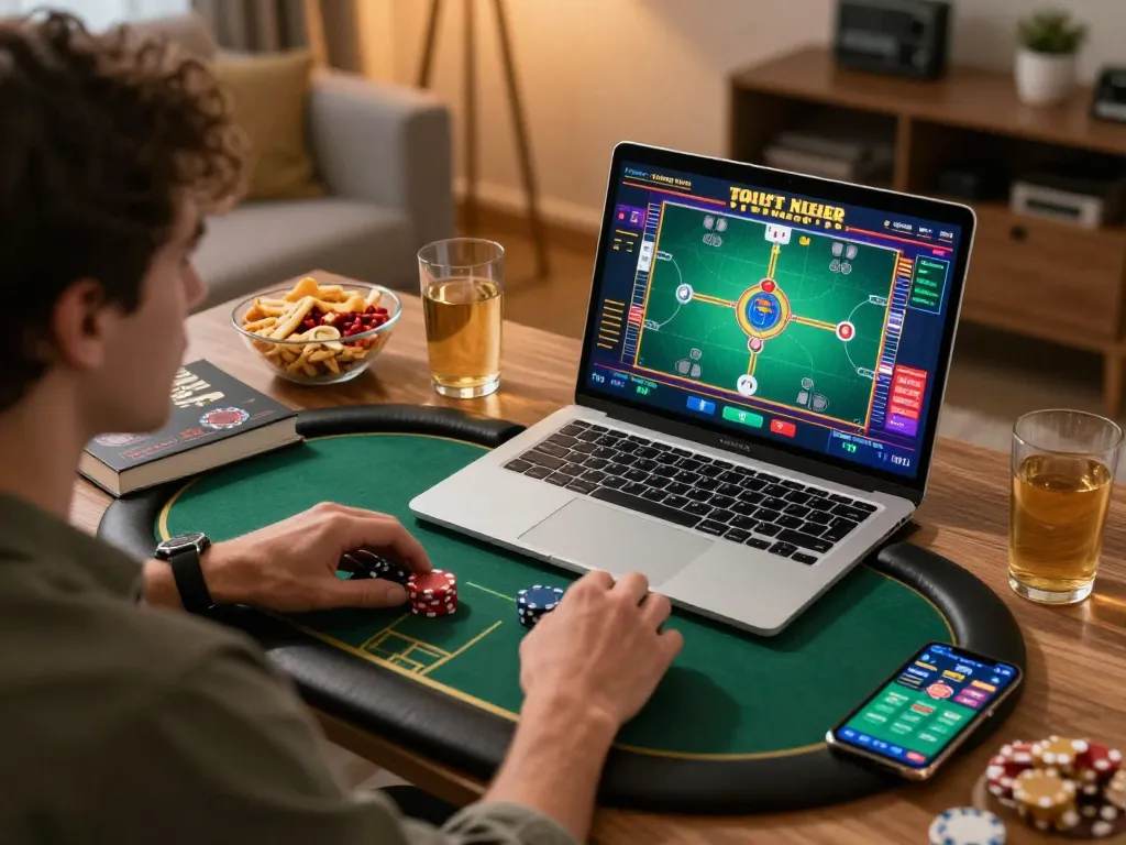 Engaged in a Go8 online poker game, a player strategizes at home with snacks and a laptop.