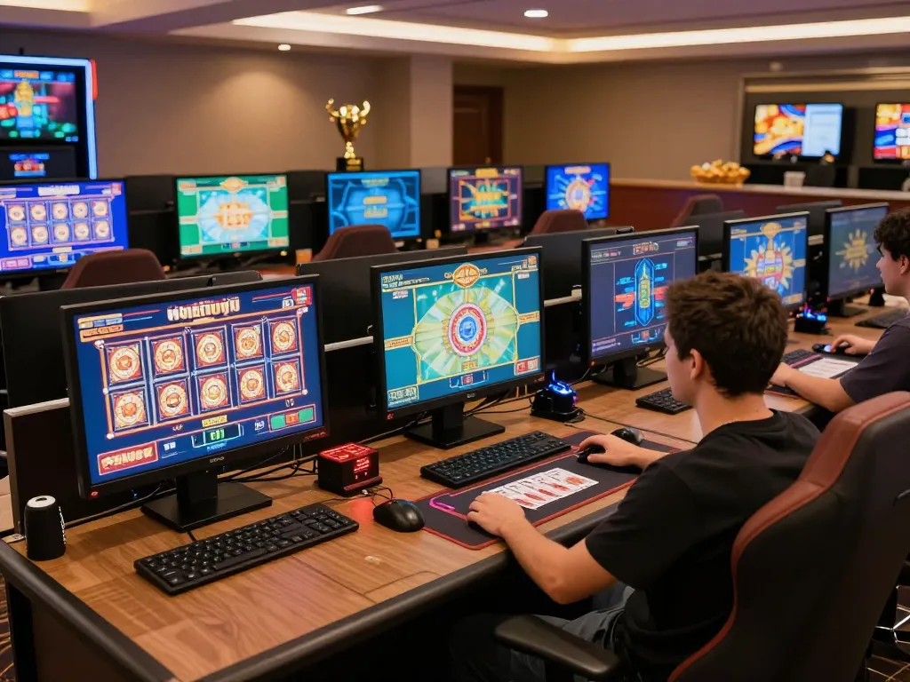 Engaging in a thrilling gaming session on 789club with multiple screens showcasing vibrant slots and card games