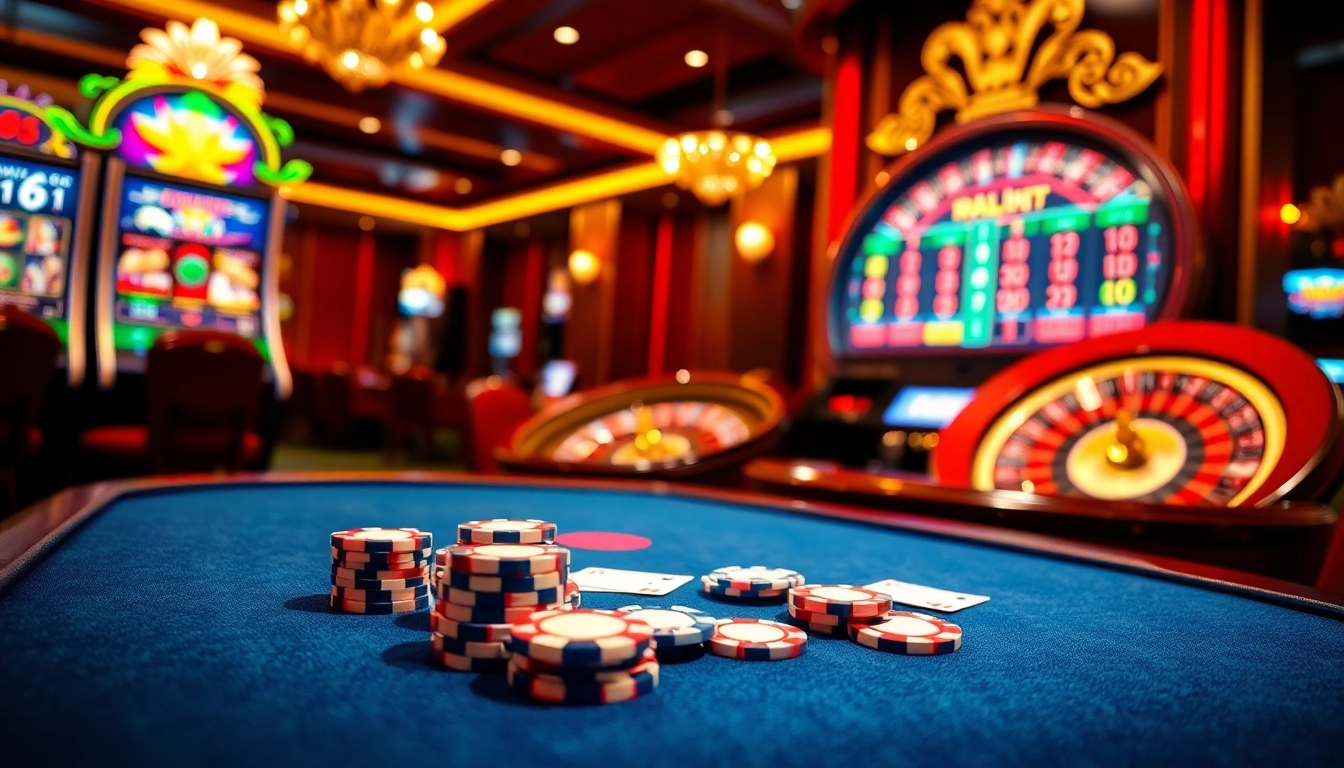 Experience thrilling gameplay at https://789club.quest/ with luxurious casino elements like poker tables and slot machines.