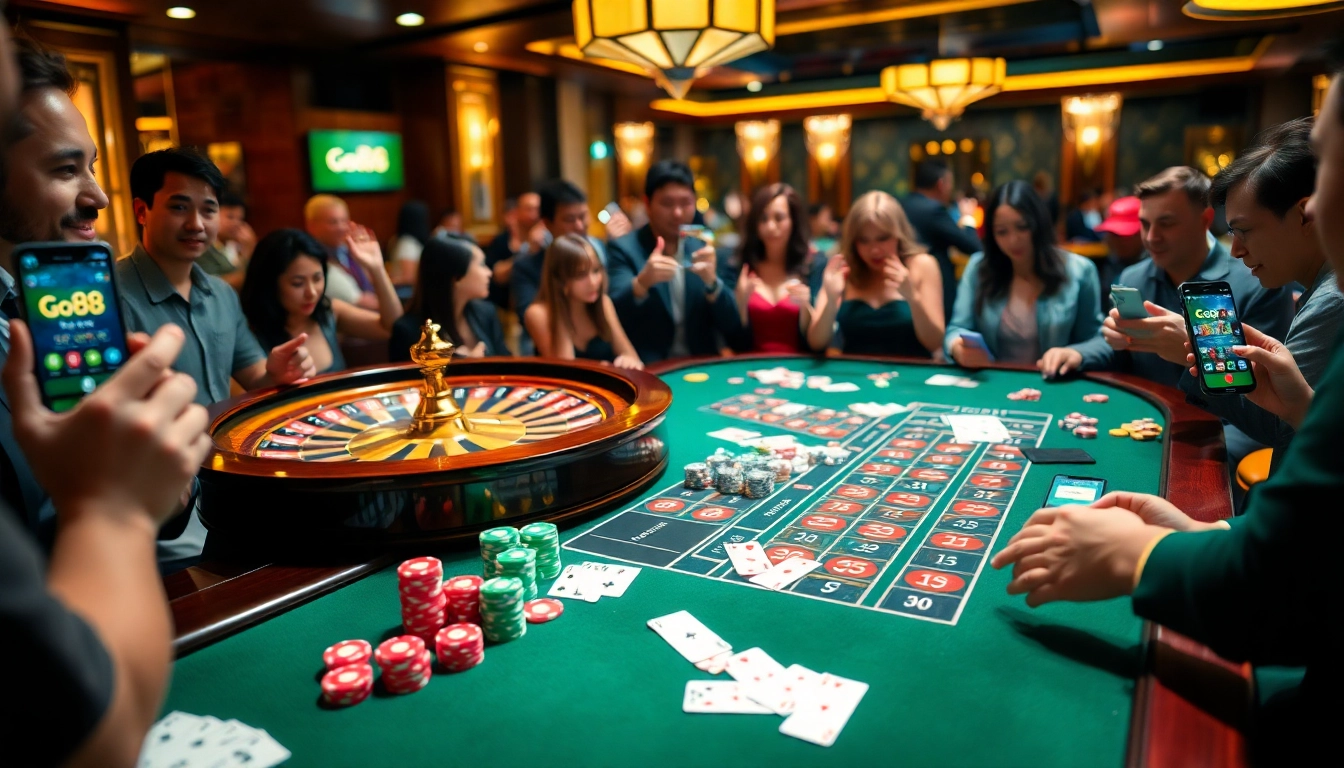 Tải Go88 app interface displayed in a lively casino, featuring poker chips and a roulette wheel.