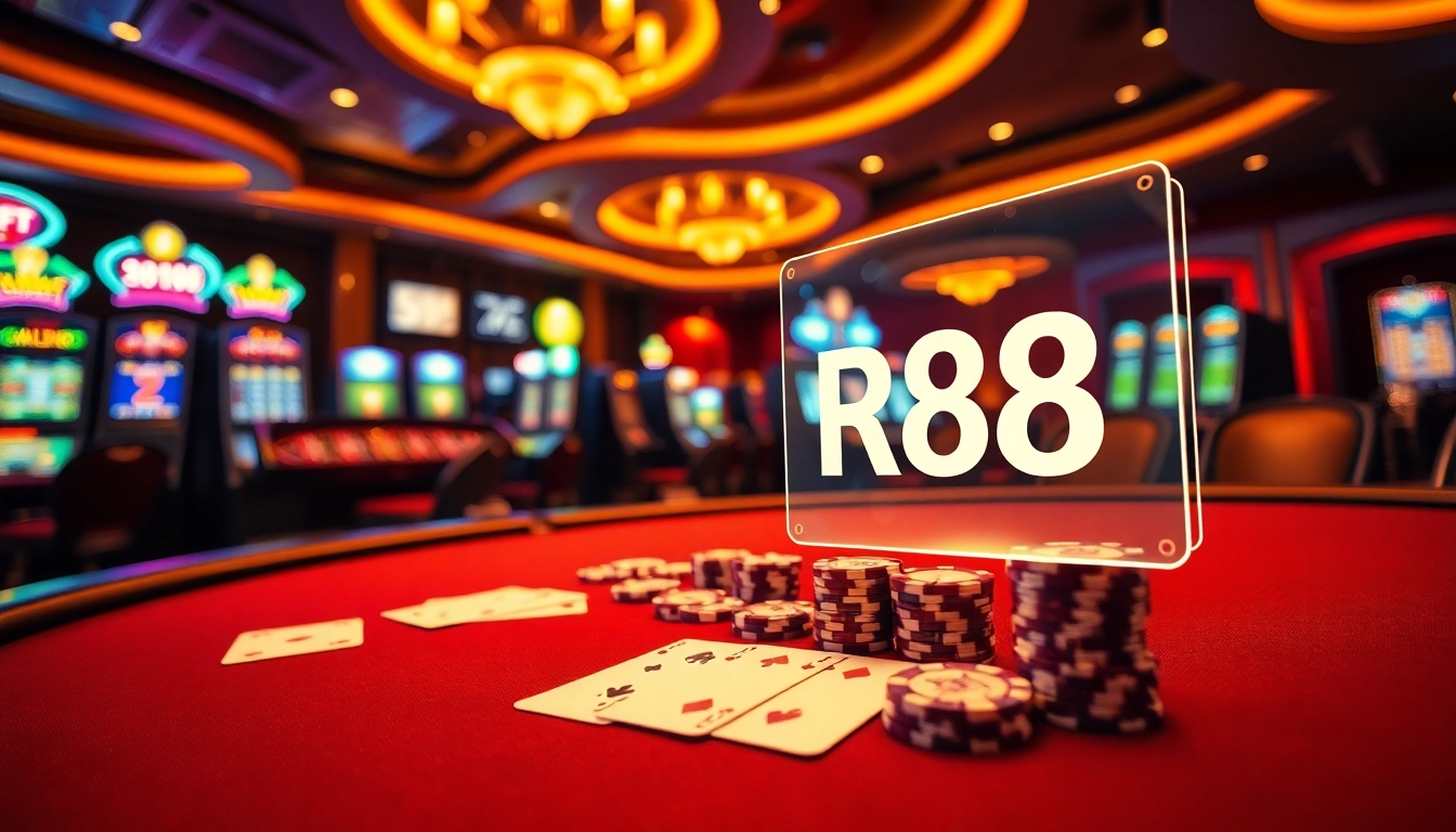 Experience RR88 excitement at a stylish casino table surrounded by poker chips, cards, and a spinning roulette wheel.
