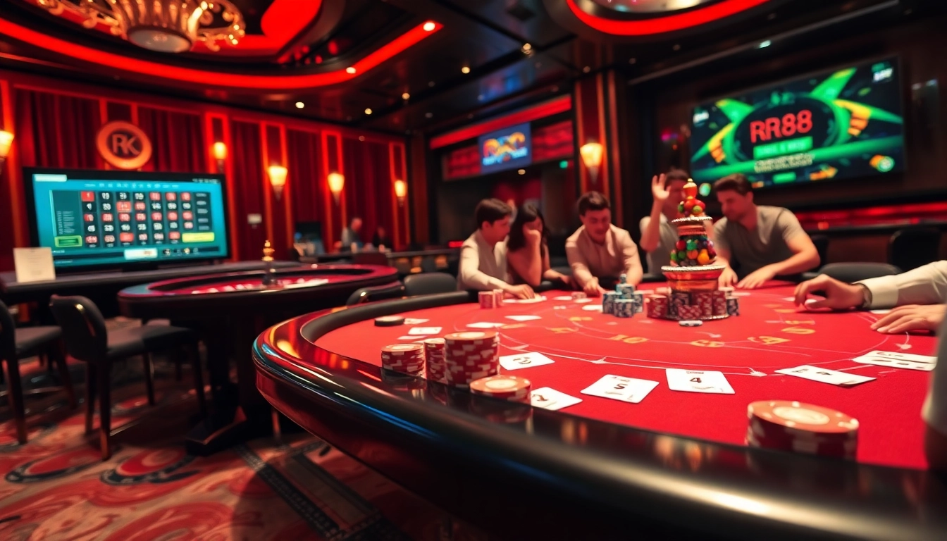 RR88 players enjoying an intense poker game with bright chips and cards on a luxurious casino table.