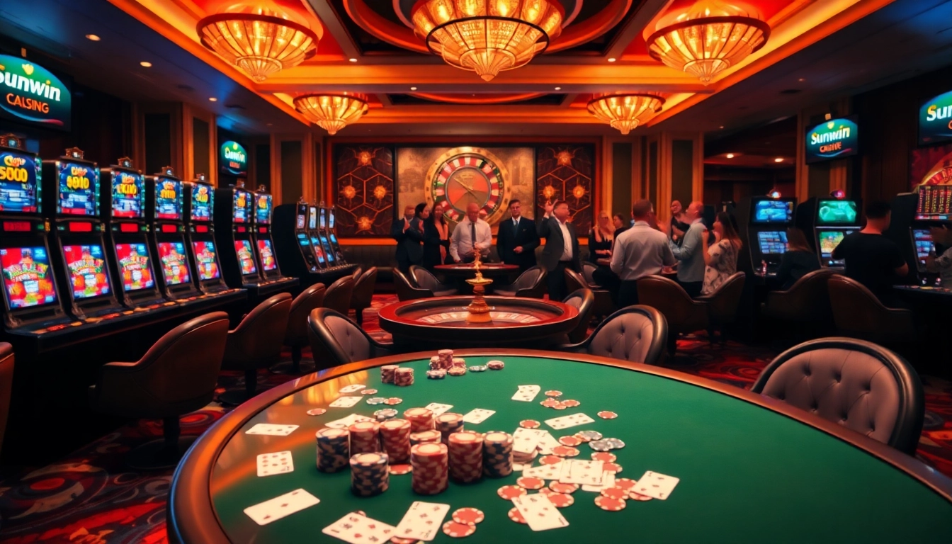Gambling excitement in Sunwin's luxurious casino setting with slot machines and poker tables.