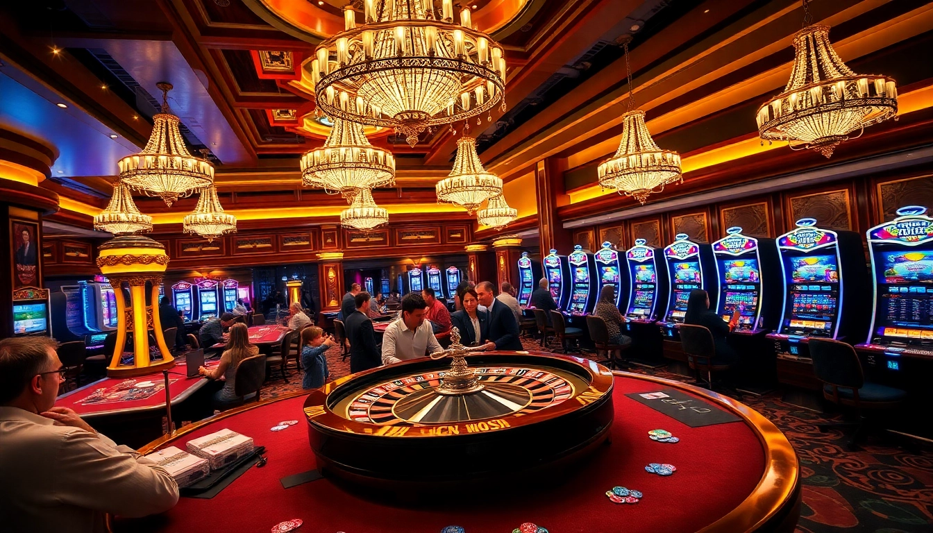 Gambling action at a luxurious casino, featuring 79king roulette and poker tables.