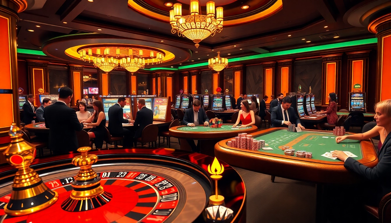 Gambling excitement at nhà cái zbet with players enjoying roulette and poker in a luxurious casino setting.
