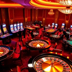 Experience luxury gaming at BK8 with vibrant slot machines and poker tables illuminated by warm lights.