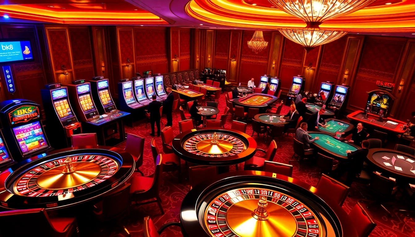 Experience luxury gaming at BK8 with vibrant slot machines and poker tables illuminated by warm lights.