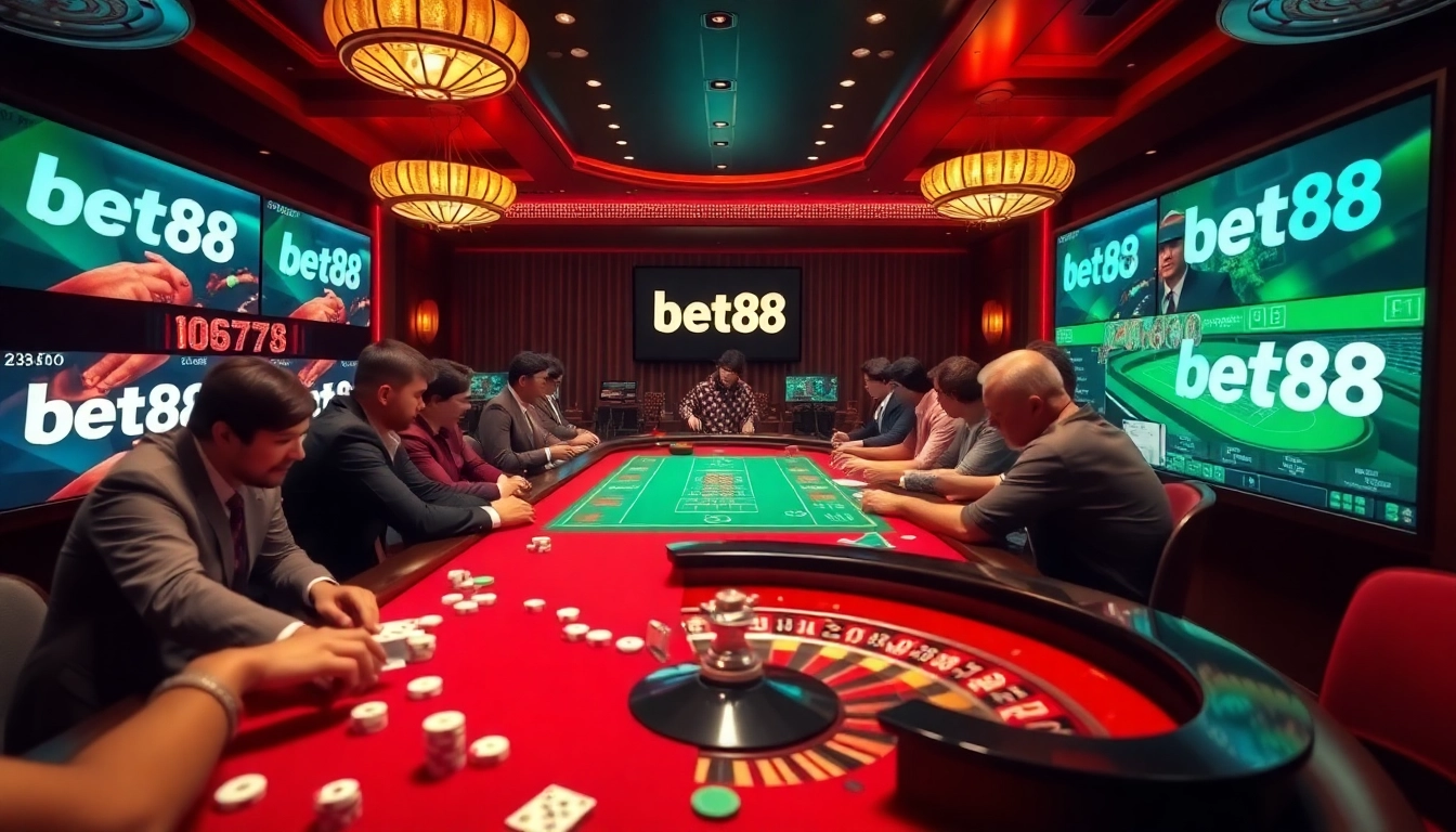 Engaged players enjoying a luxury Bet88 casino experience with cards, chips, and a roulette wheel.