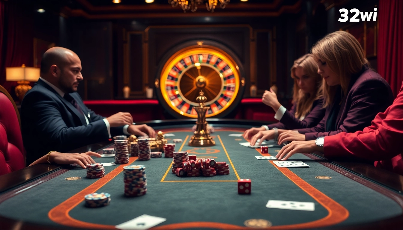 Gamblers at a luxurious casino table, experiencing the excitement of 32win with poker chips and cards.