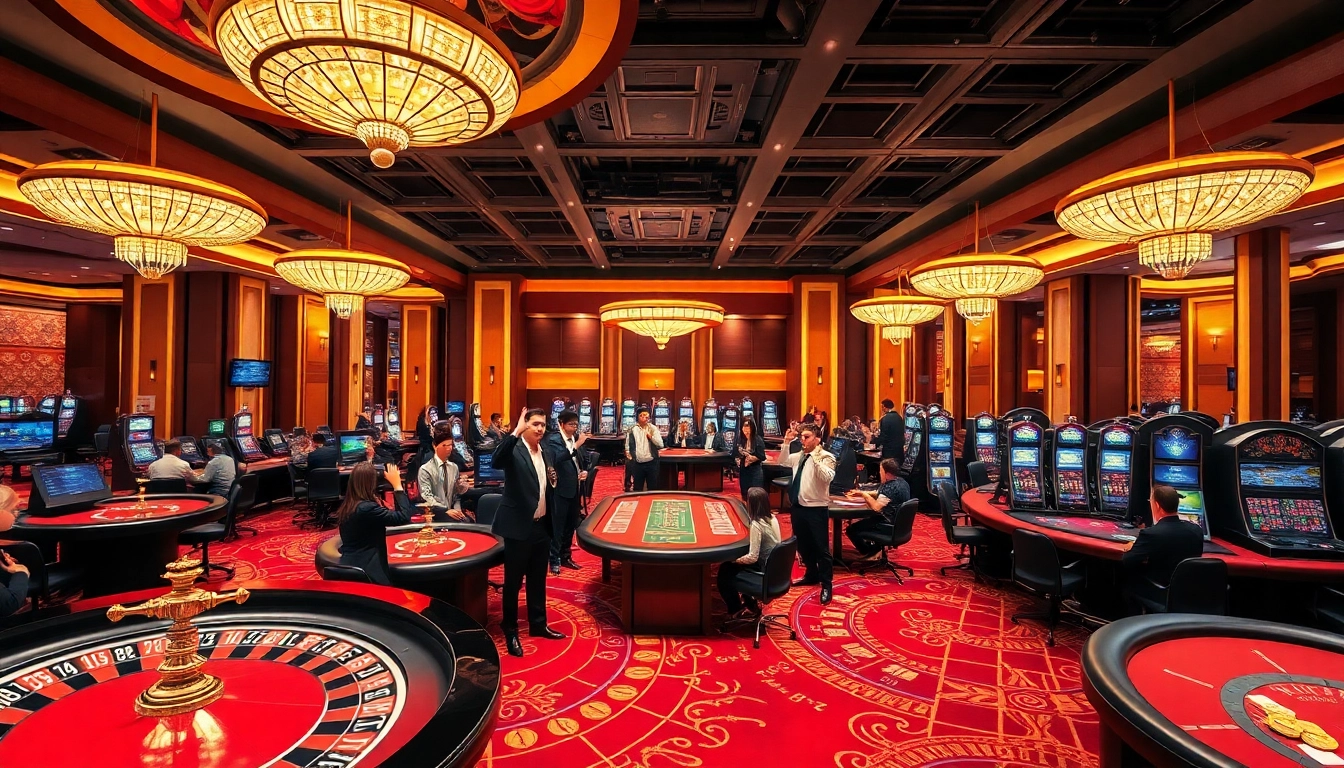 Experience the excitement of gambling with RR88 at an upscale casino featuring roulette and poker tables.