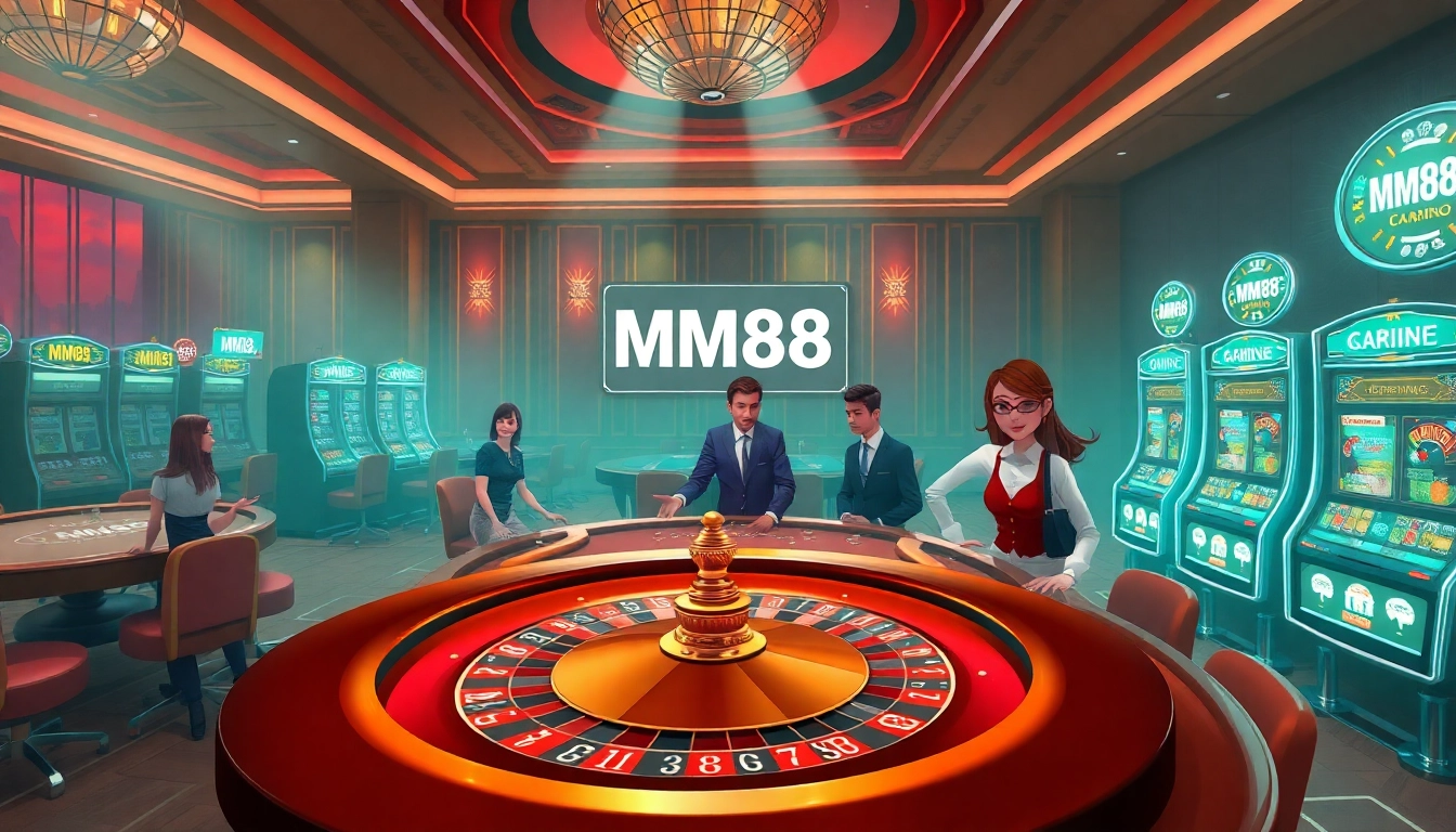 MM88 offers a vibrant casino experience with players engaging at roulette and poker tables.