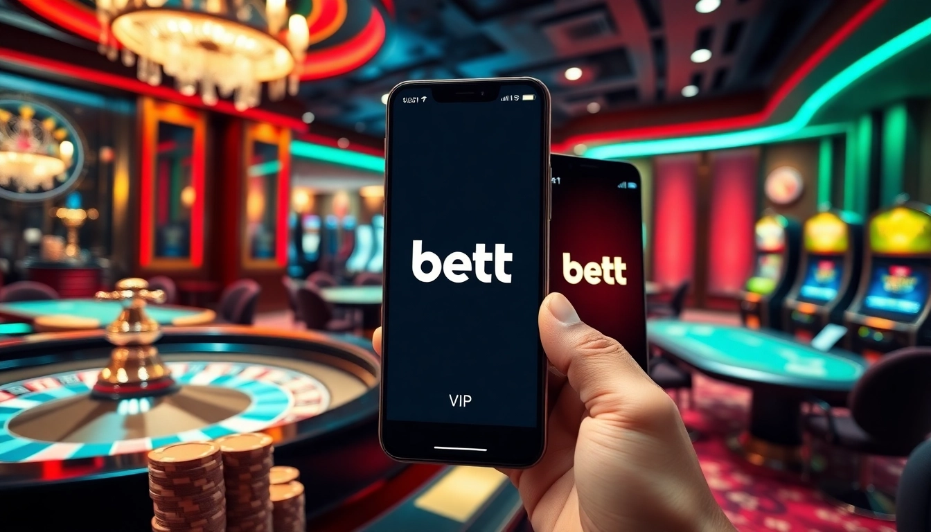 Trải nghiệm ứng dụng Bet VIP trong một khu casino sống động với vòng quay roulette và bàn poker.