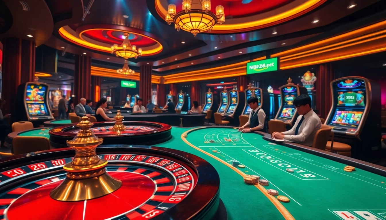Experience thrilling casino action with https://nh88.net/ showcasing poker chips, roulette wheels, and slot machines.