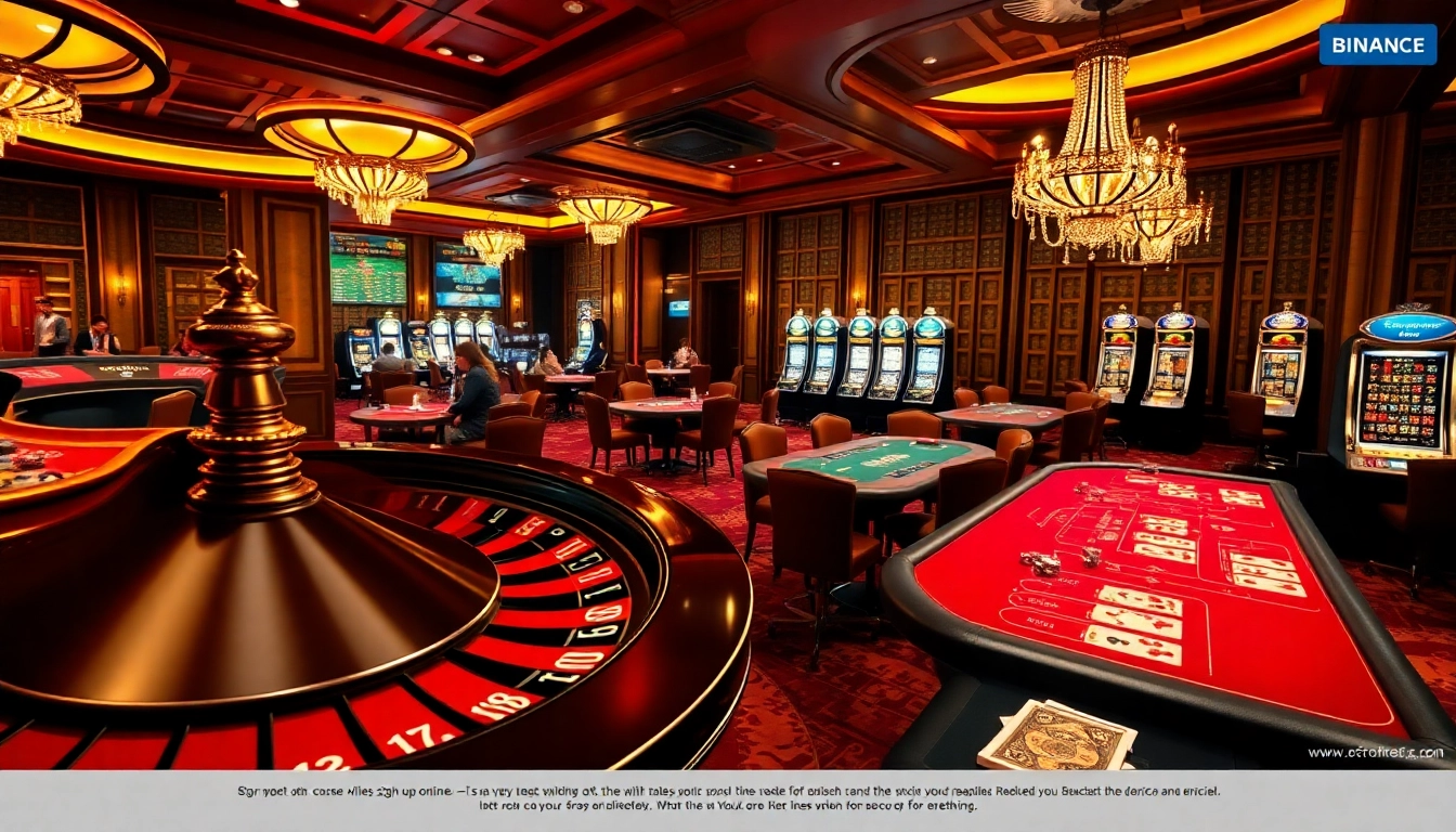 Engage in 바이낸스 회원가입 on a luxurious casino floor filled with vibrant roulette tables and poker games.