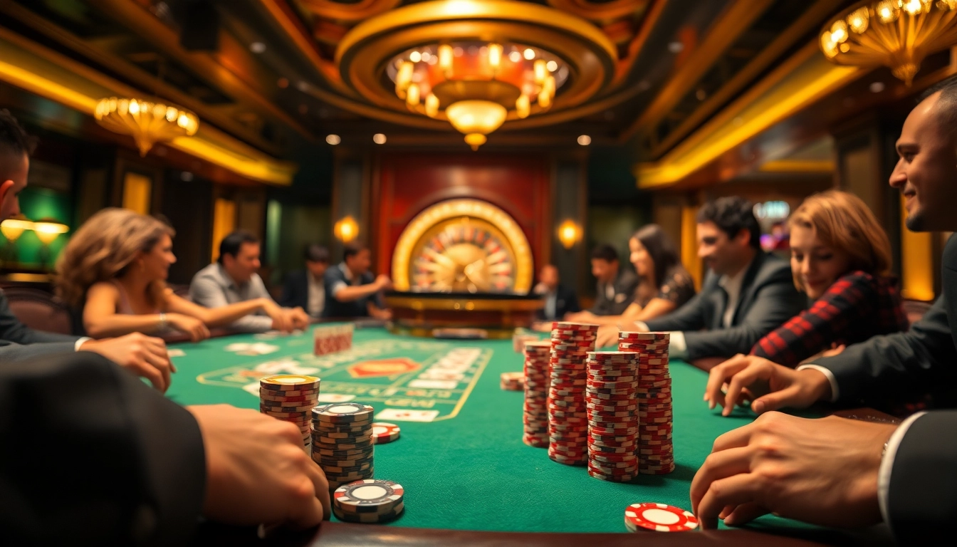 Engaging poker players at a casino table, showcasing a vibrant gambling Homepage atmosphere.