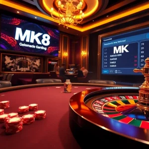 A thrilling MK8 online casino scene featuring poker chips, a roulette wheel, and vibrant betting activities.