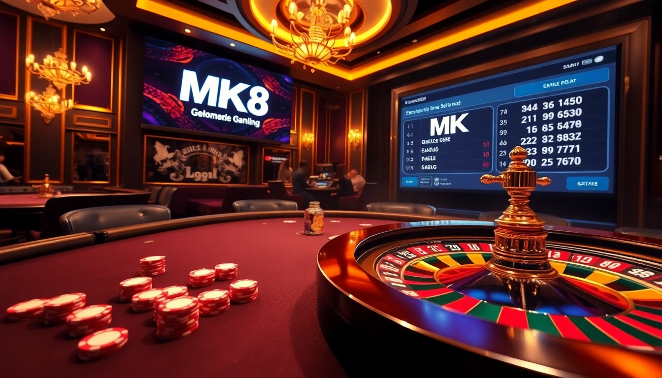 A thrilling MK8 online casino scene featuring poker chips, a roulette wheel, and vibrant betting activities.