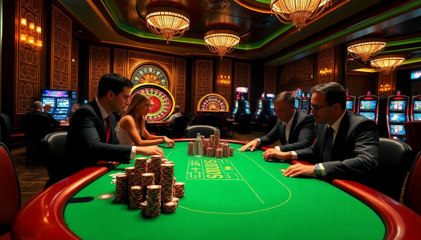 Exciting high-stakes poker action at rik vip casino with glamorous players and colorful chips.