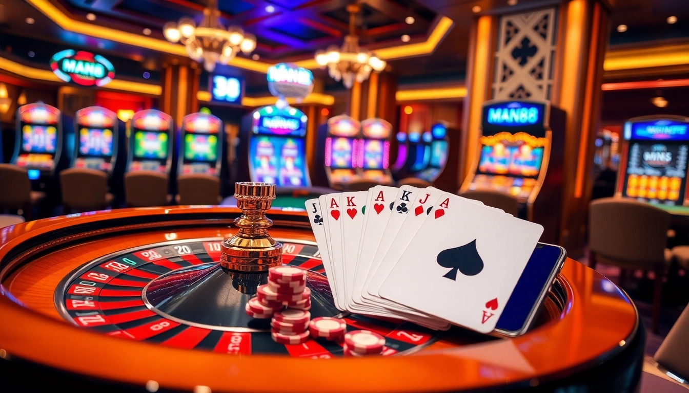 Gamblers enjoying a high-stakes game at Man88, featuring elegant casino elements.