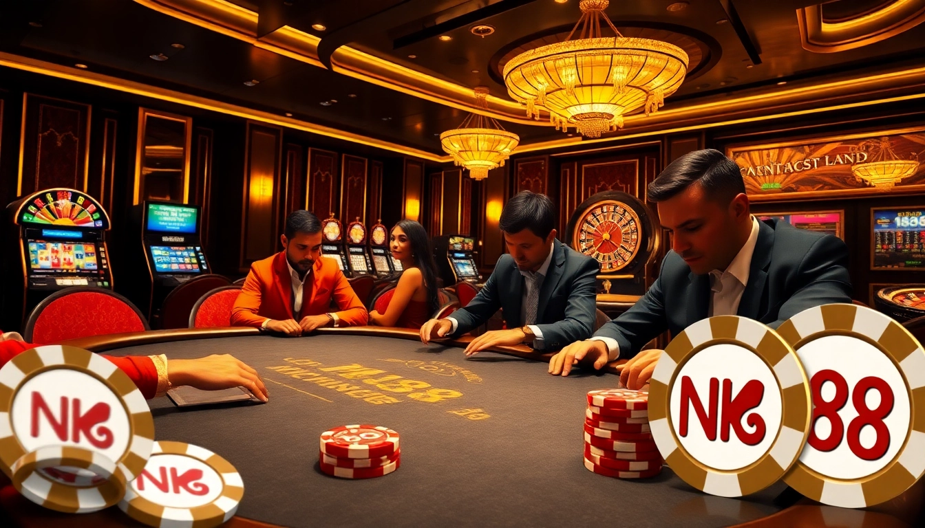 Engaging casino scene showcasing NK88-themed poker action with high-stakes atmosphere.