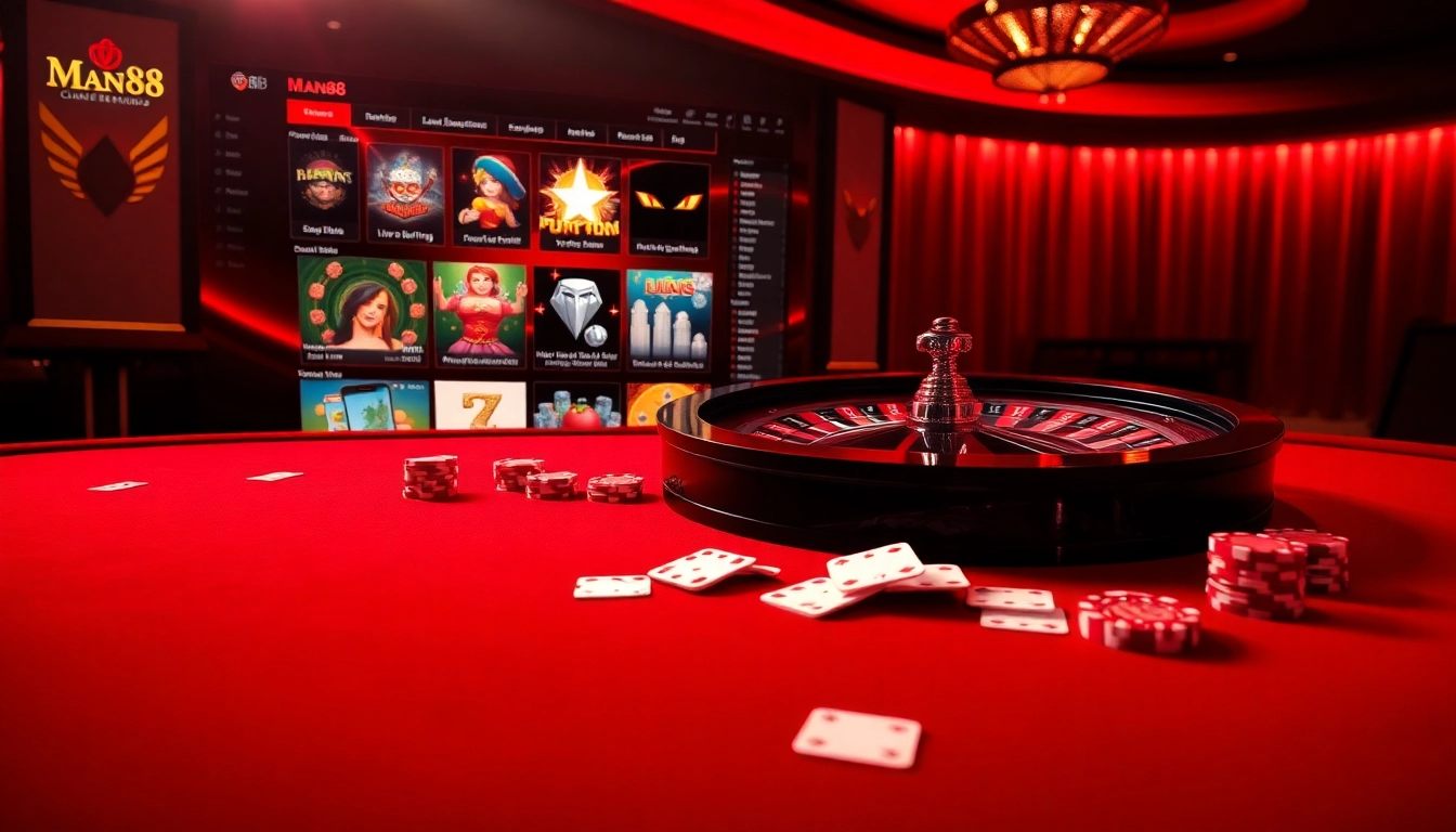 Experience the thrill of winning at Man88, featuring immersive casino tables and vibrant gaming visuals.