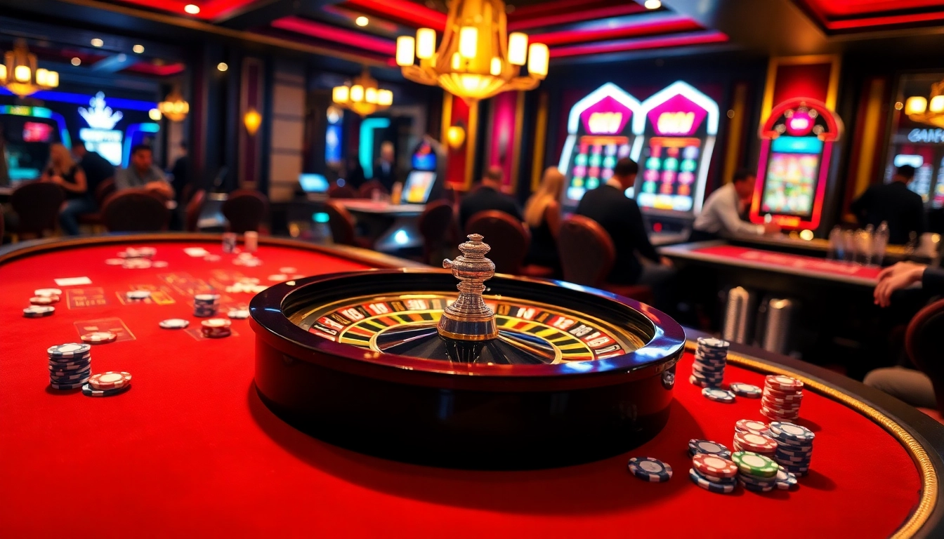 Experience the thrill of gambling at https://king33.io/ with a luxurious casino setting featuring poker chips and a roulette wheel.