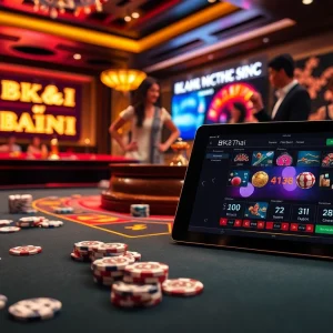 Experience thrilling gaming action at BK8THAI with vibrant casino visuals showcasing poker and roulette.