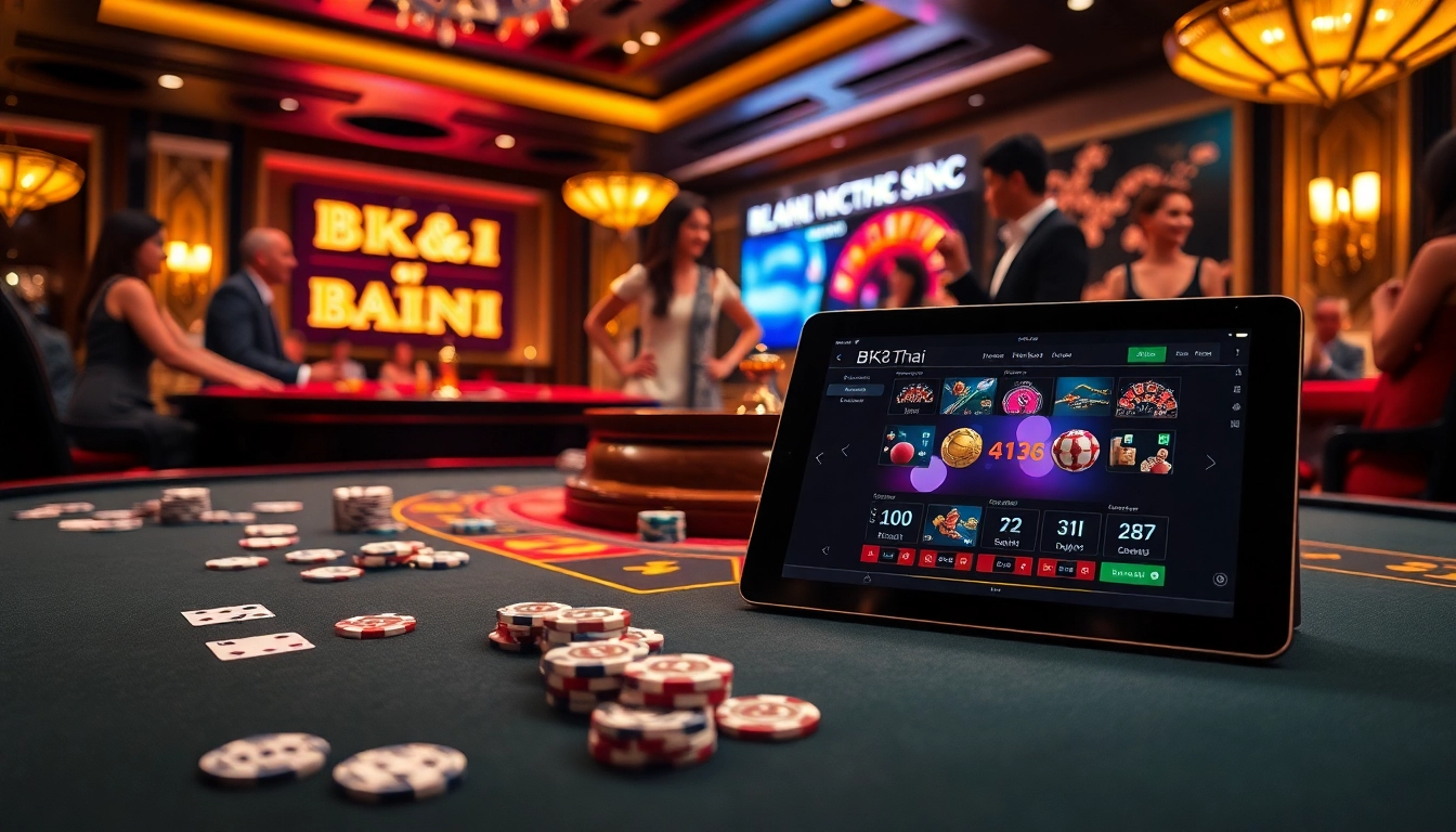 Experience thrilling gaming action at BK8THAI with vibrant casino visuals showcasing poker and roulette.
