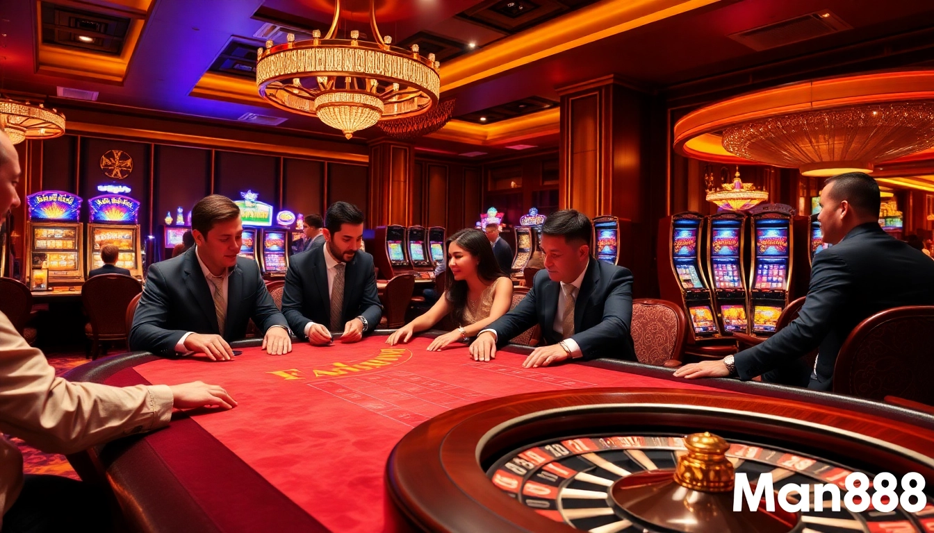 Man88 immersive casino experience captures players enjoying poker and roulette action in a luxurious setting.