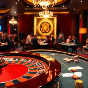 Engage with thrilling gameplay at eejl33 com featuring a vibrant roulette wheel and glamorous casino tables.