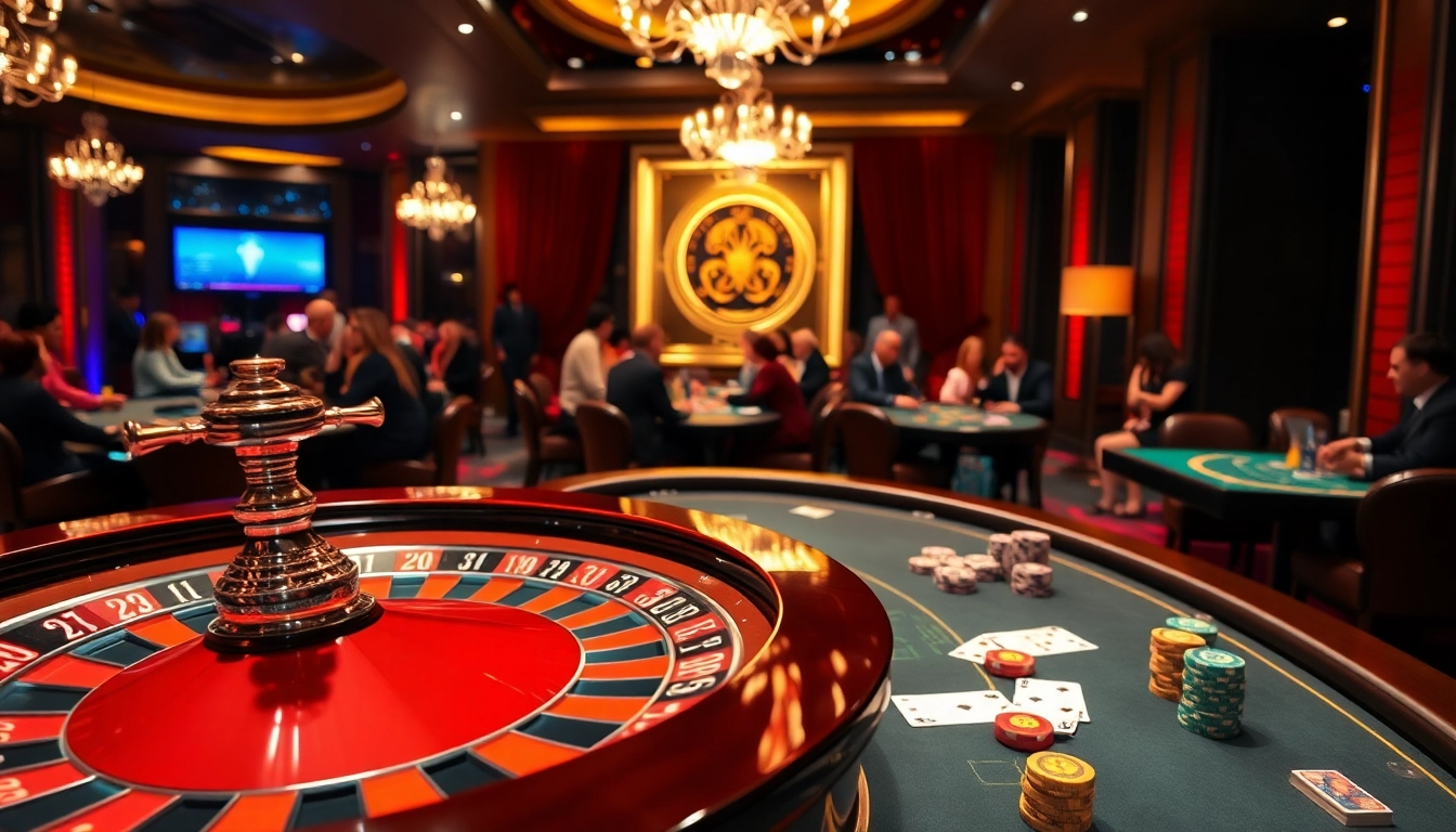 Engage with thrilling gameplay at eejl33 com featuring a vibrant roulette wheel and glamorous casino tables.