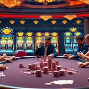 Excited players at a poker table enjoying games at https://789bet.events/ with lively casino ambiance.
