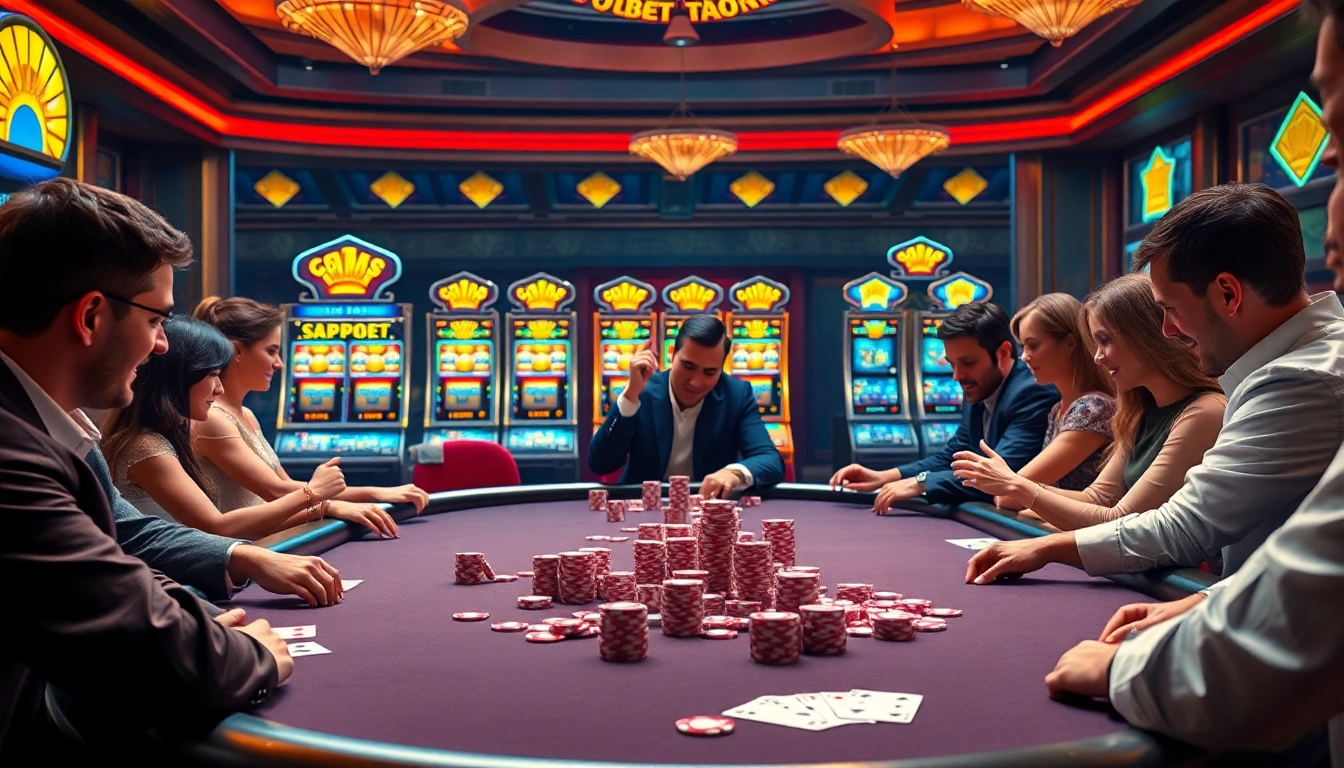 Excited players at a poker table enjoying games at https://789bet.events/ with lively casino ambiance.