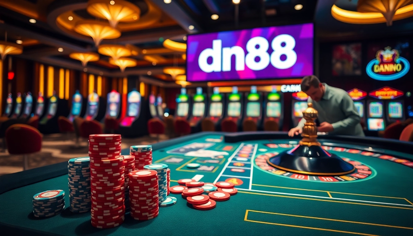Experience the excitement of dn88 at the casino with vibrant poker chips and thrilling games.