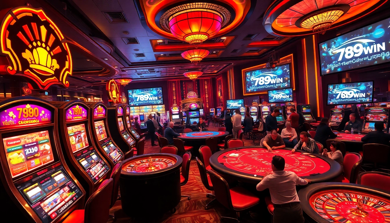 Action-packed casino scene featuring 789WIN-themed slot machines, poker tables, and roulette wheels.