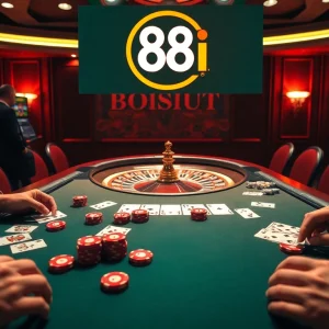 Exciting casino scene with high-stakes poker at 88i, capturing thrilling gameplay and vibrant gaming elements.