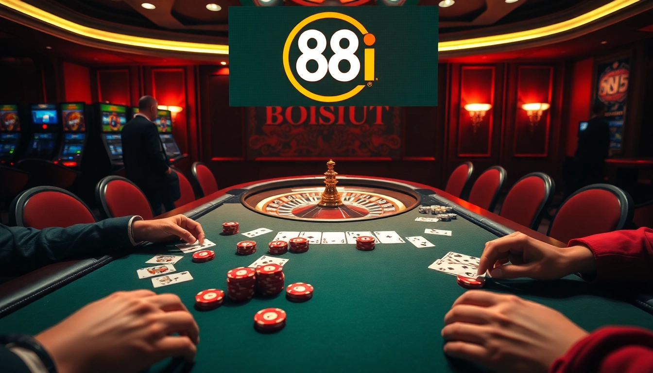 Exciting casino scene with high-stakes poker at 88i, capturing thrilling gameplay and vibrant gaming elements.
