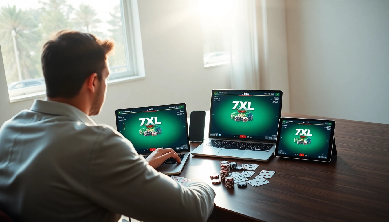 הורדת 7xl על פני מכשירים שונים שמציגים פעולה של פוקר בהקשר מקצועי.