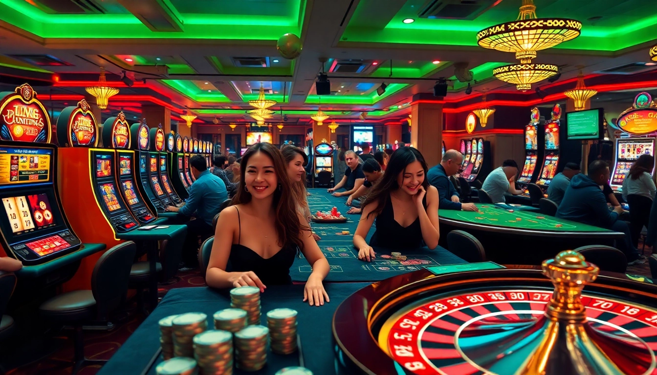 Excited players engaging in games at https://lc88.bio/, showcasing luxury casino elements, vibrant atmosphere, and modern technology.