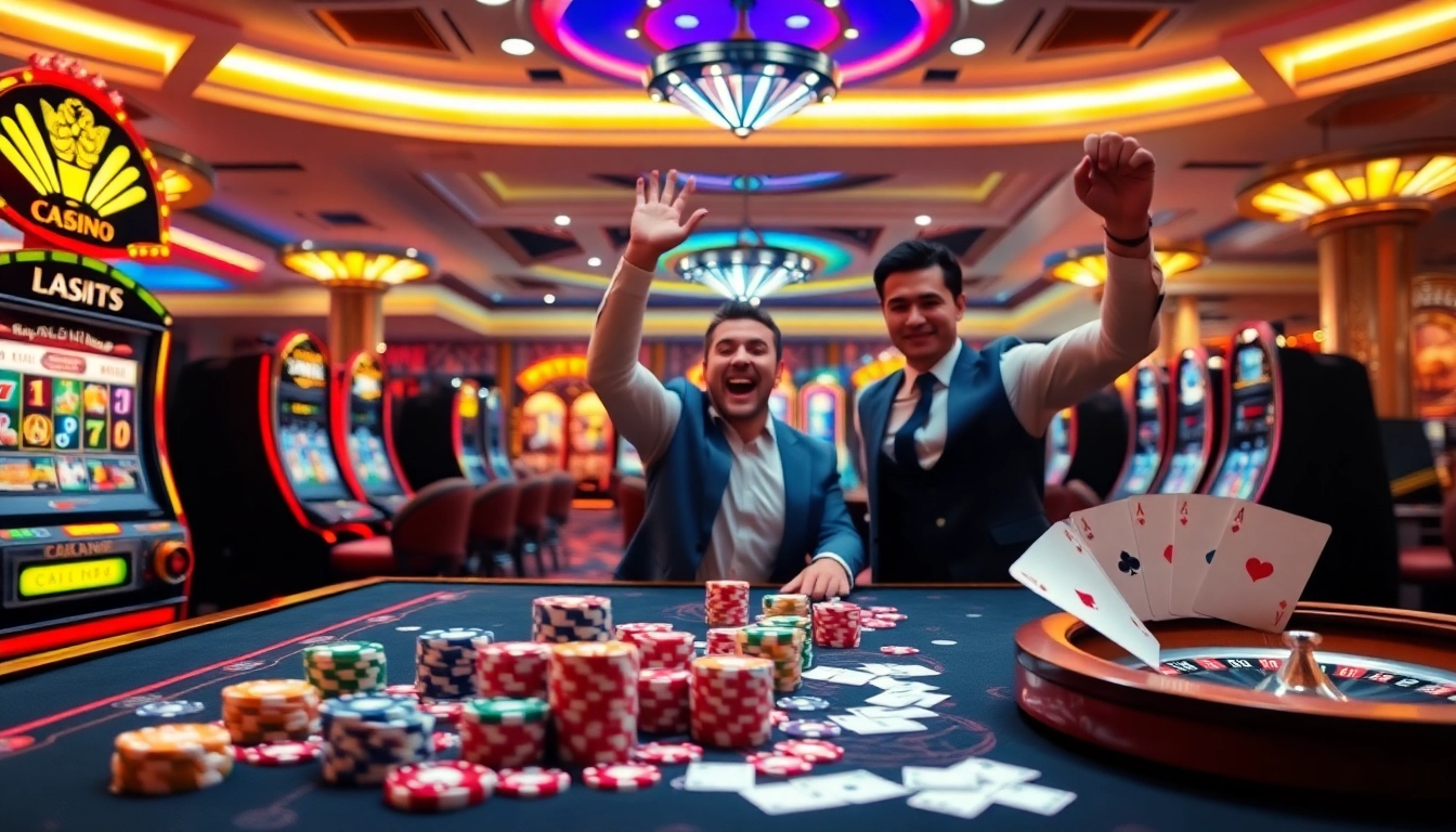 Players celebrating winnings at a luckywin online casino with vibrant chips and slot machines.