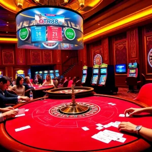 Players enjoying exciting games at Nhà cái TR88 casino, with vibrant slot machines and professional dealers.