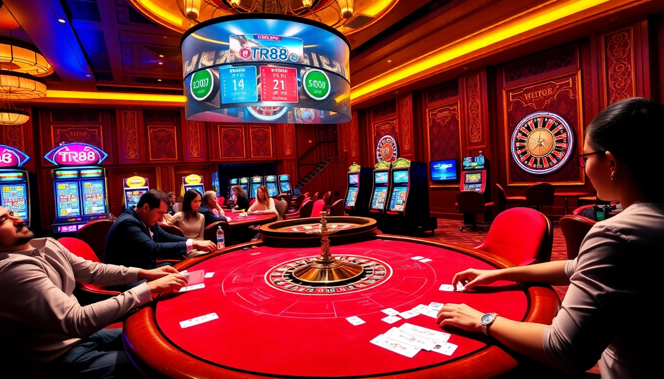 Players enjoying exciting games at Nhà cái TR88 casino, with vibrant slot machines and professional dealers.
