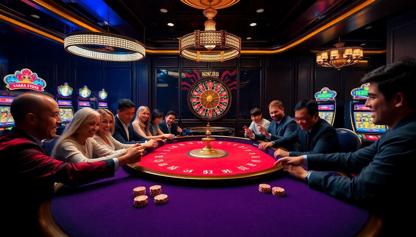 Experience the thrill of NK88 casino games at a vibrant poker table surrounded by excited players.