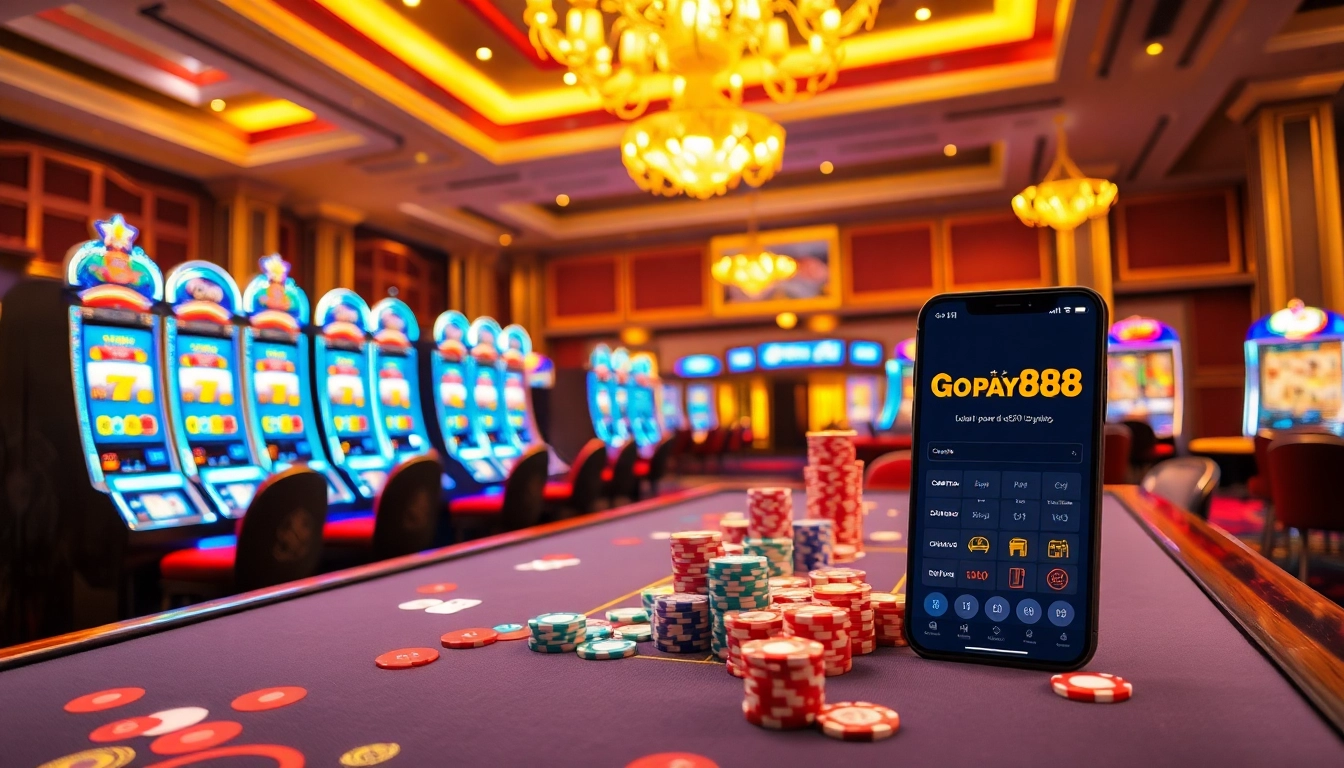 Gopay88 gaming scene featuring vibrant casino tables and exciting slot machines.