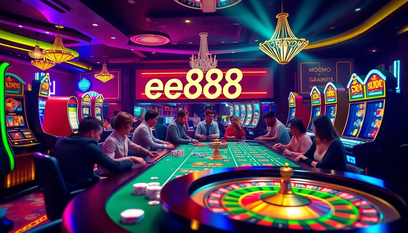Players engaging with casino games at ee88e, highlighted in a luxurious gaming setup.