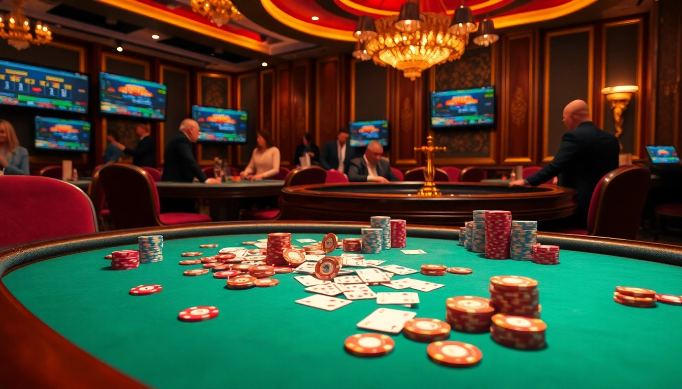 Engaging poker players at a vibrant casino table, showcasing excitement and elegance at https://kk55.group.